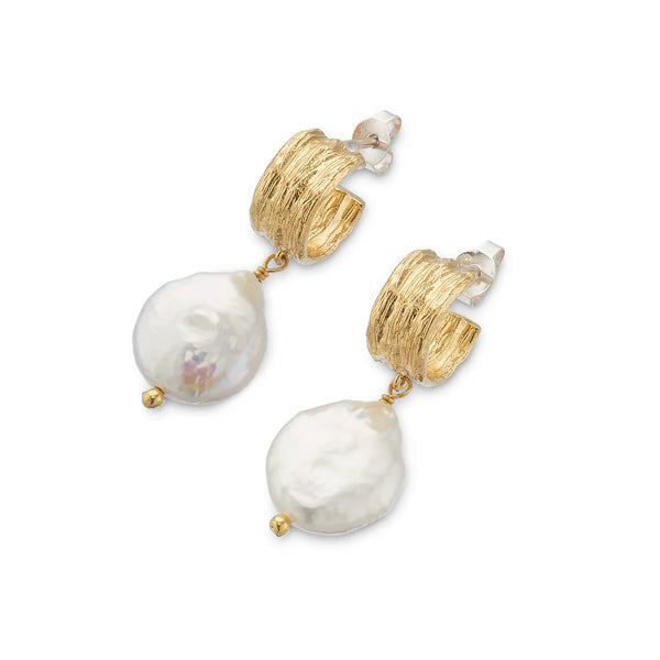 Brass Freshwater pearls wide hoop and baroque pearl earrings