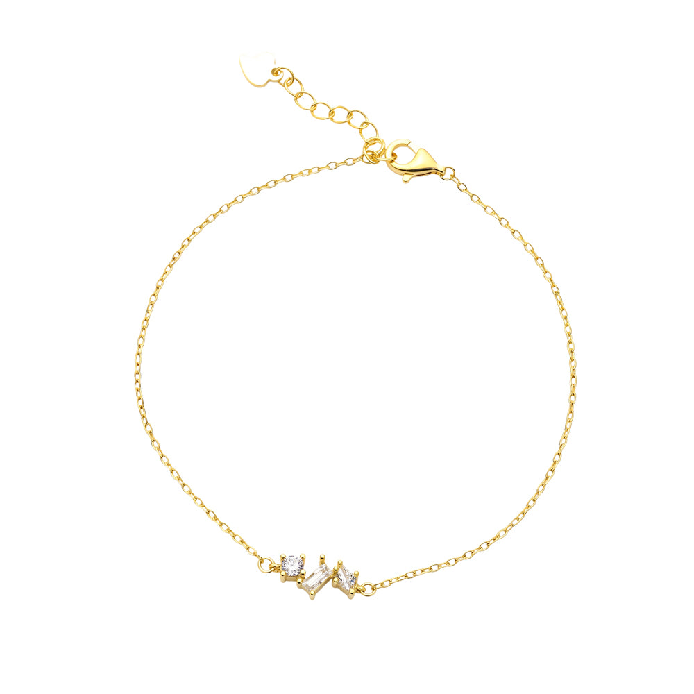 Sterling Silver Gold Plated Fine Chain Bracelet with Tri Style Cubic Zirconias