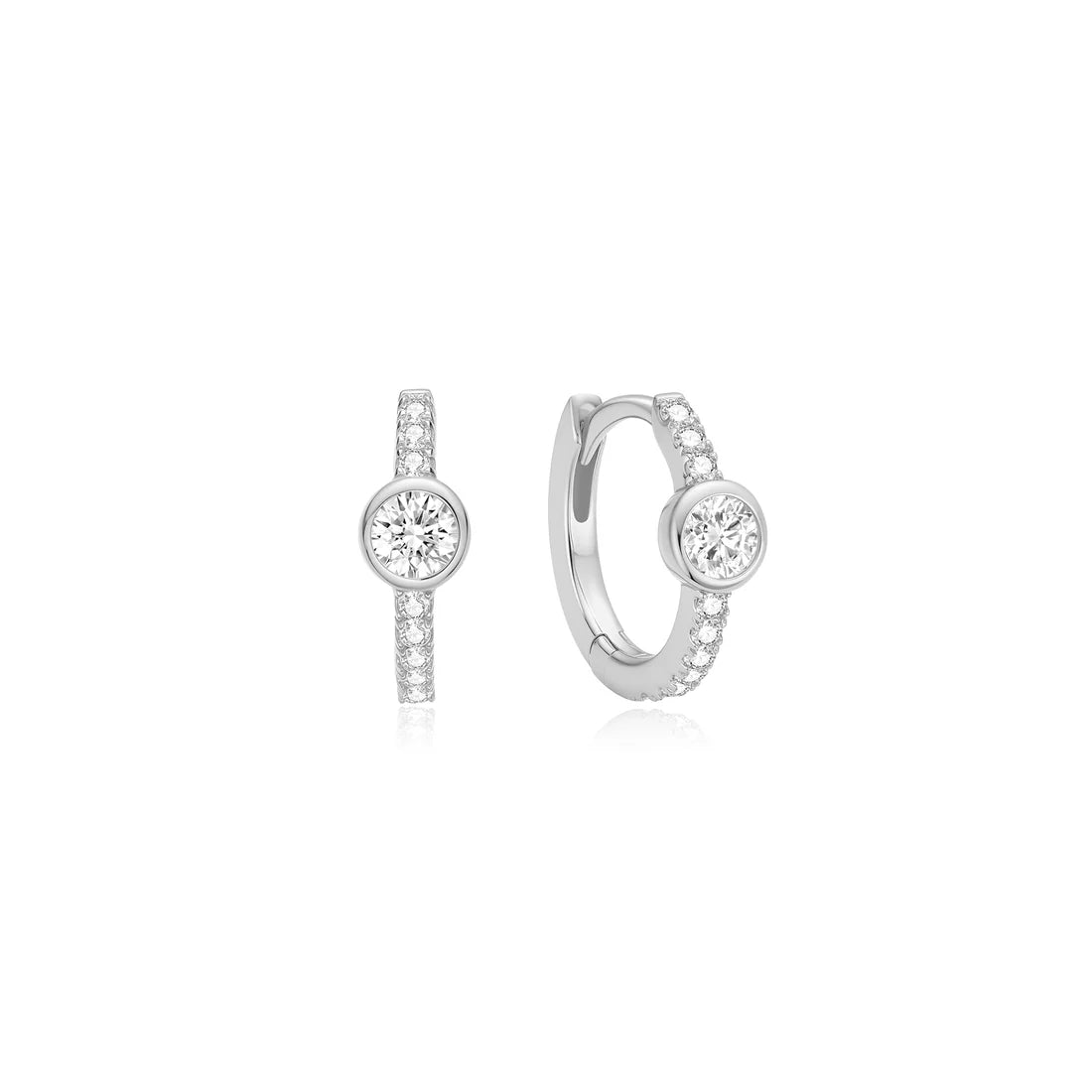 Sterling Silver Plated Pavé Row & Bezel-Set Huggie Hoop Earrings