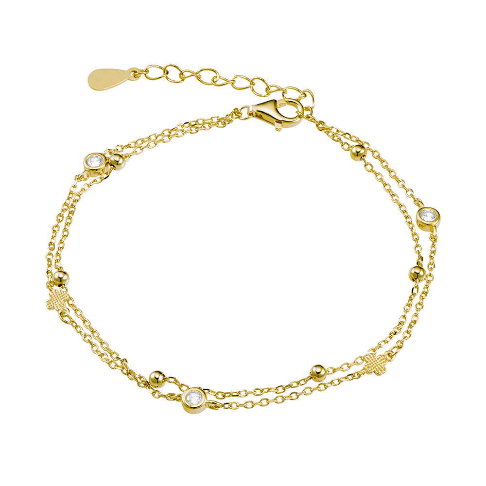 Sterling Silver Double Chain Bracelet with CZ, Ball and Cross Detail