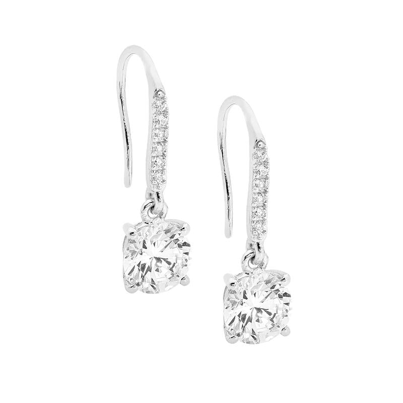 Sterling Silver Round Cut Cubic Zirconia Drop Hoop Earrings