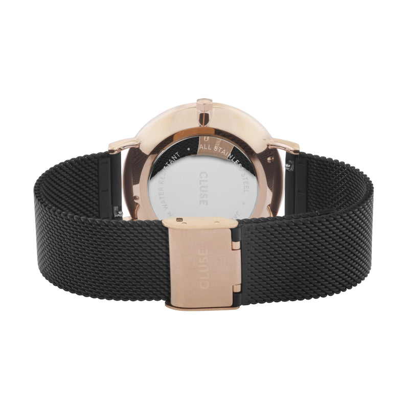 Cluse Boho Chic Womens Watch with Rose Gold Case, Black Dial and Black Plated Stainless Steel Mesh Strap