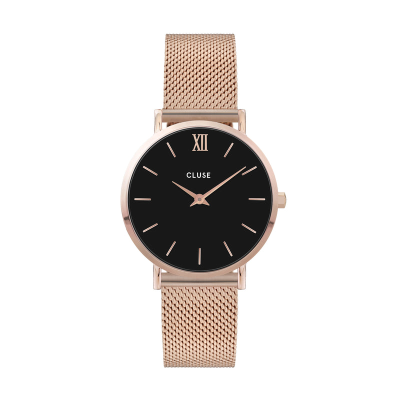 Rose Gold Stainless Steel Mesh Strap and Black Dial