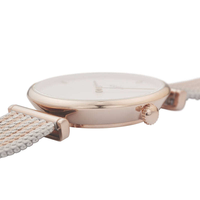 Cluse Triomphe Womens Watch with Rose Gold Case, White Dial and Bicolor Stainless Steel Mesh Strap