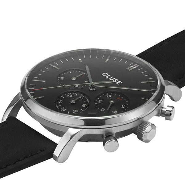 Cluse Aravis Chronograph Mens Watch with Silver Case, Black Dial and Black Leather Strap
