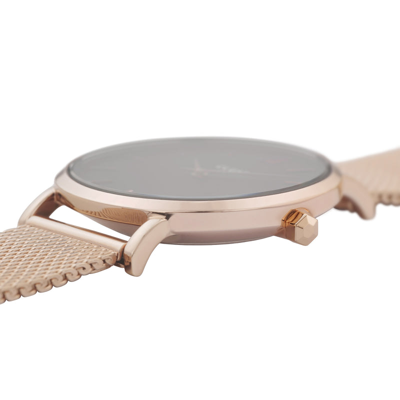 Rose Gold Stainless Steel Mesh Strap and Black Dial