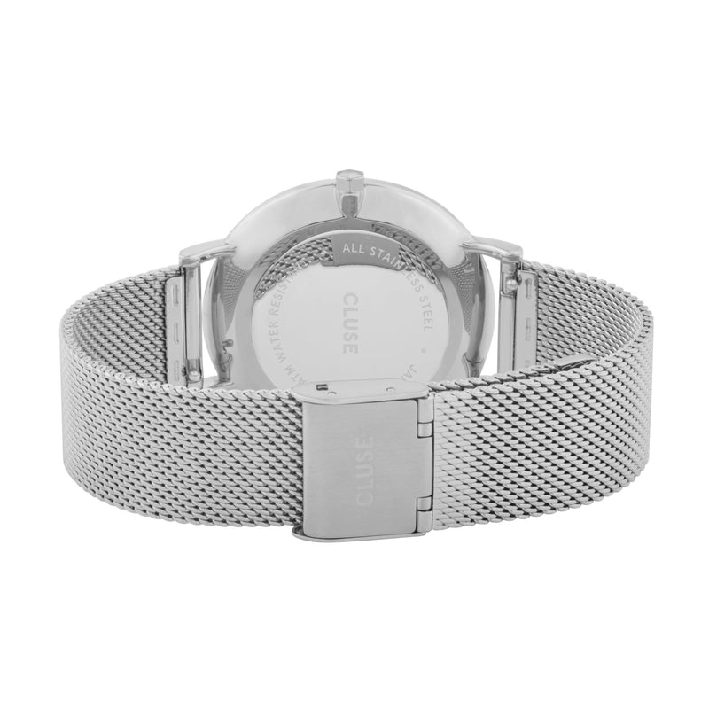 Cluse Boho Chic Womens Watch with Silver Case, Black Dial and Silver Stainless Steel Mesh Band