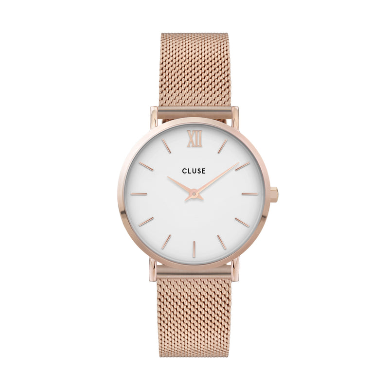 Rose Gold Stainless Steel Mesh Band with White Dial