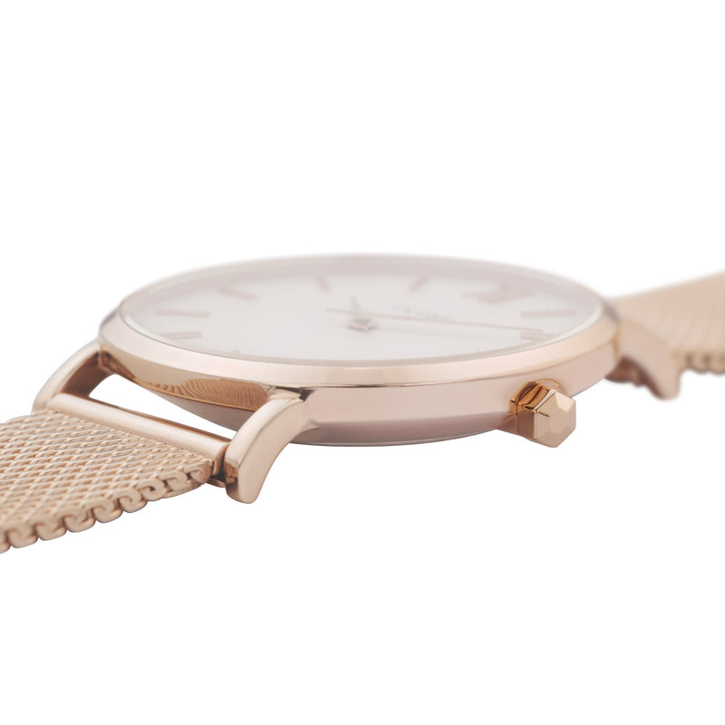 Rose Gold Stainless Steel Mesh Band with White Dial