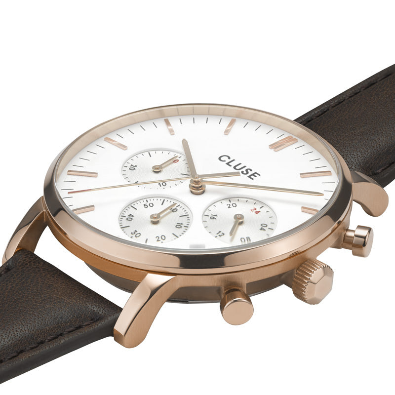 Cluse Aravis Chronograph Mens Watch with Rose Gold Plate Case, White Dial and Tan Leather Strap