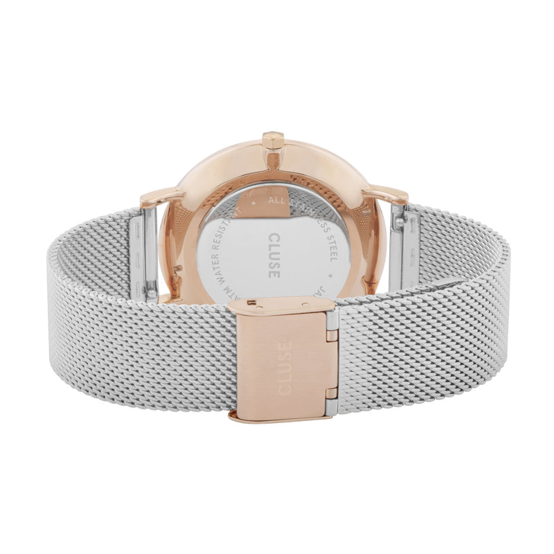 Cluse Boho Chic Womens Watch with Silver Stainless Steel Mesh and Rose Gold Details