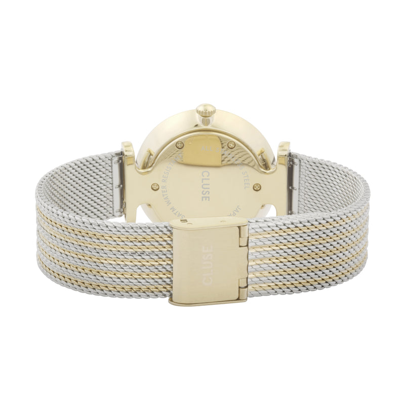 Cluse Triomphe Womens Watch with Yellow Gold Case, White Dial and Bicolor Stainless Steel Mesh Strap