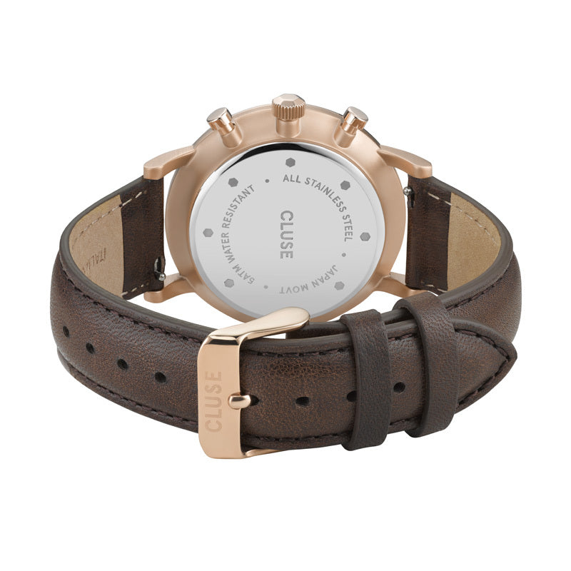 Cluse Aravis Chronograph Mens Watch with Rose Gold Plate Case, White Dial and Tan Leather Strap