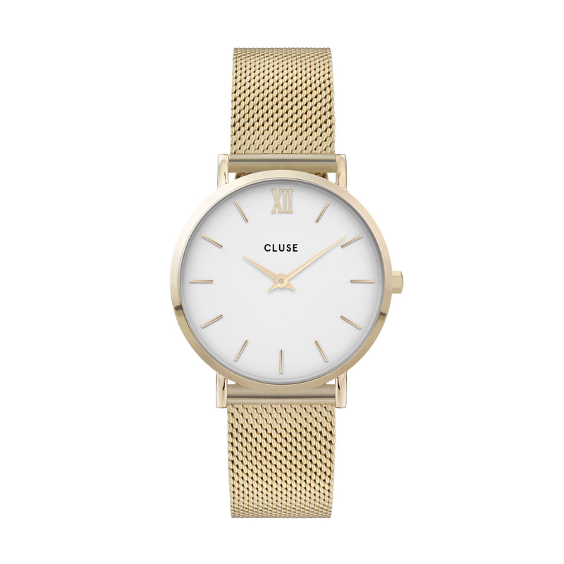 Yellow Gold Stainless Steel Mesh Band with White Dial