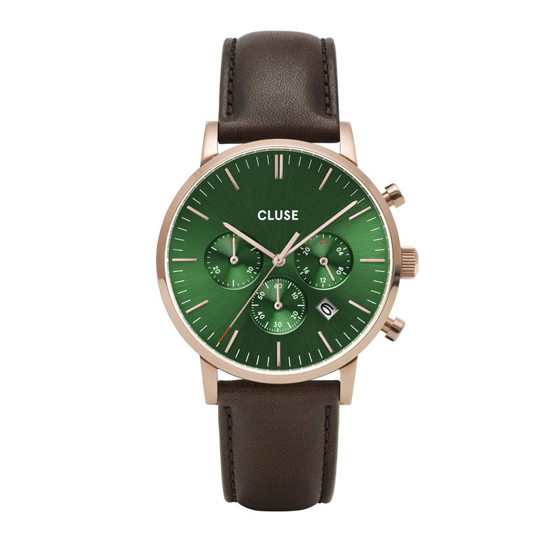 Cluse Aravis Chronograph Mens Watch with Rose Gold Plate Case, Green Dial and Tan Leather Strap