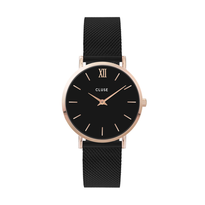 Black Plated Stainless Steel Mesh Strap and Rose Gold Details