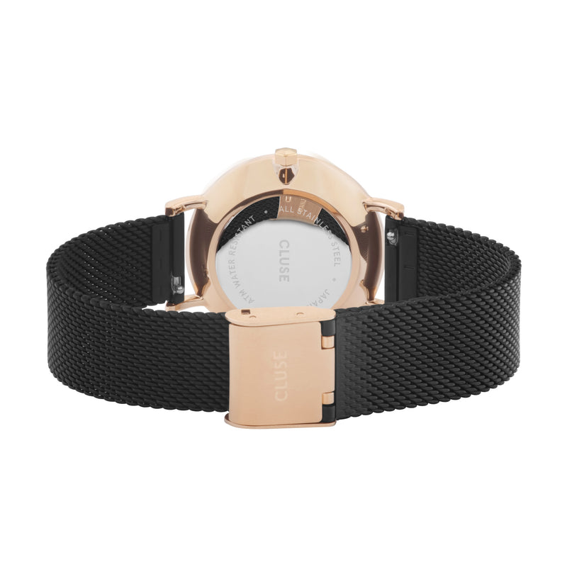 Black Plated Stainless Steel Mesh Strap and Rose Gold Details