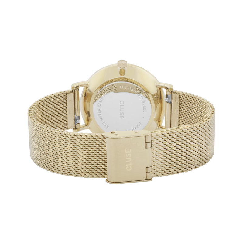 Yellow Gold Stainless Steel Mesh Strap and Black Dial
