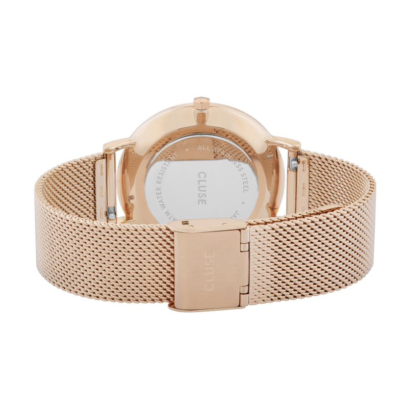 Cluse Boho Chic Womens Watch with Rose Gold Plated Stainless Steel Mesh Band and White Dial