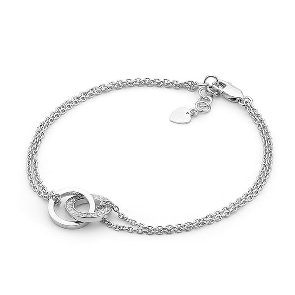 Sterling Silver Double Chain Bracelet with Linked Circles and Cubic Zirconia - Adjustable Chain