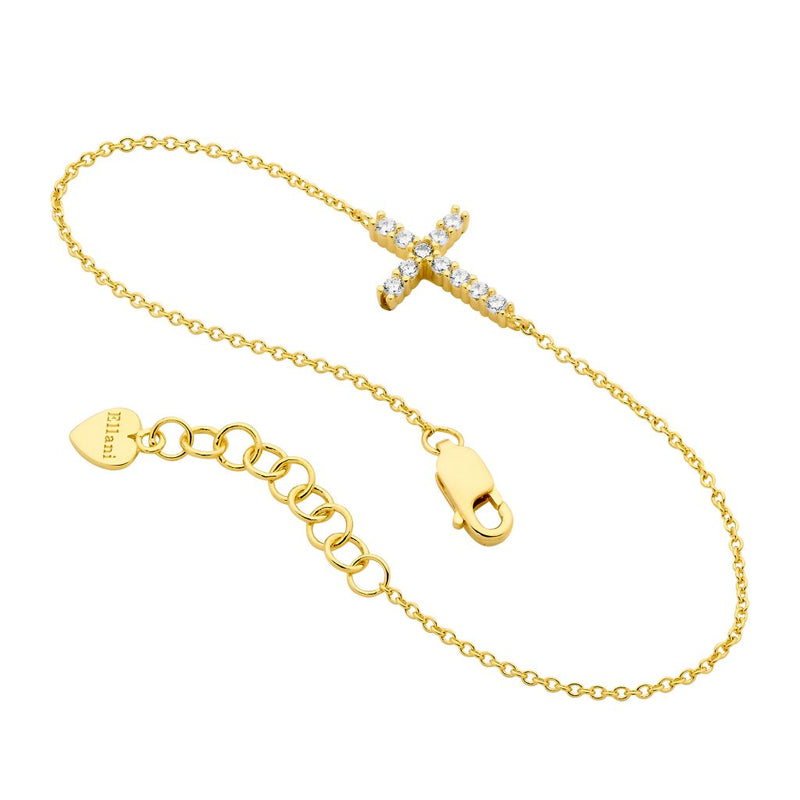 Sterling Silver and 18ct Yellow Gold Plate Fine Bracelet with Cubic Zirconia Cross and Extension Chain