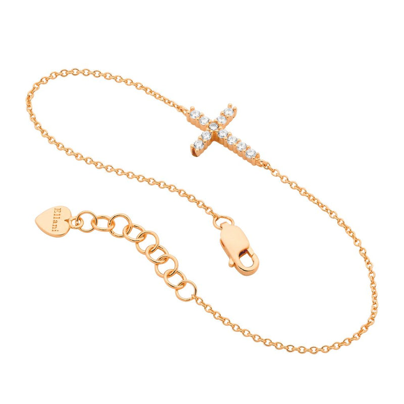 Sterling Silver and 18ct Rose Gold Plate Fine Bracelet with Cubic Zirconia Cross and Extension Chain