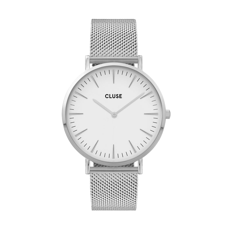 Cluse Boho Chic Womens Watch with Silver Stainless Steel Mesh Band and White Dial
