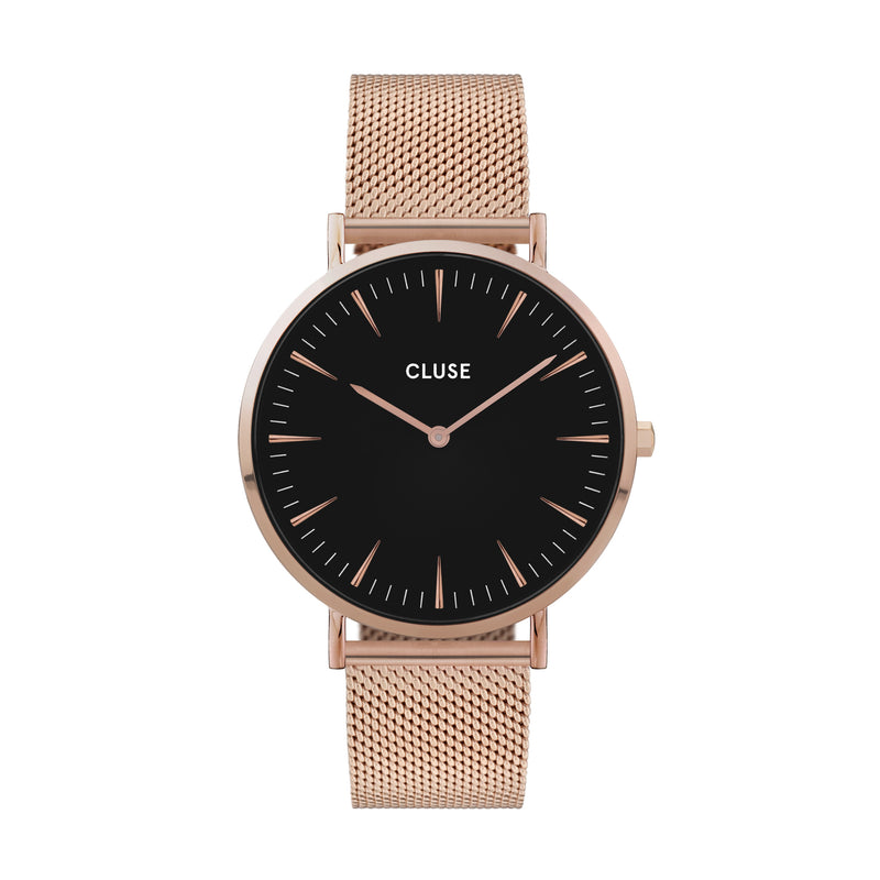 Cluse Boho Chic Womens Watch with Rose Gold Case, Black Dial and Rose Gold Plated Stainless Steel Mesh Band