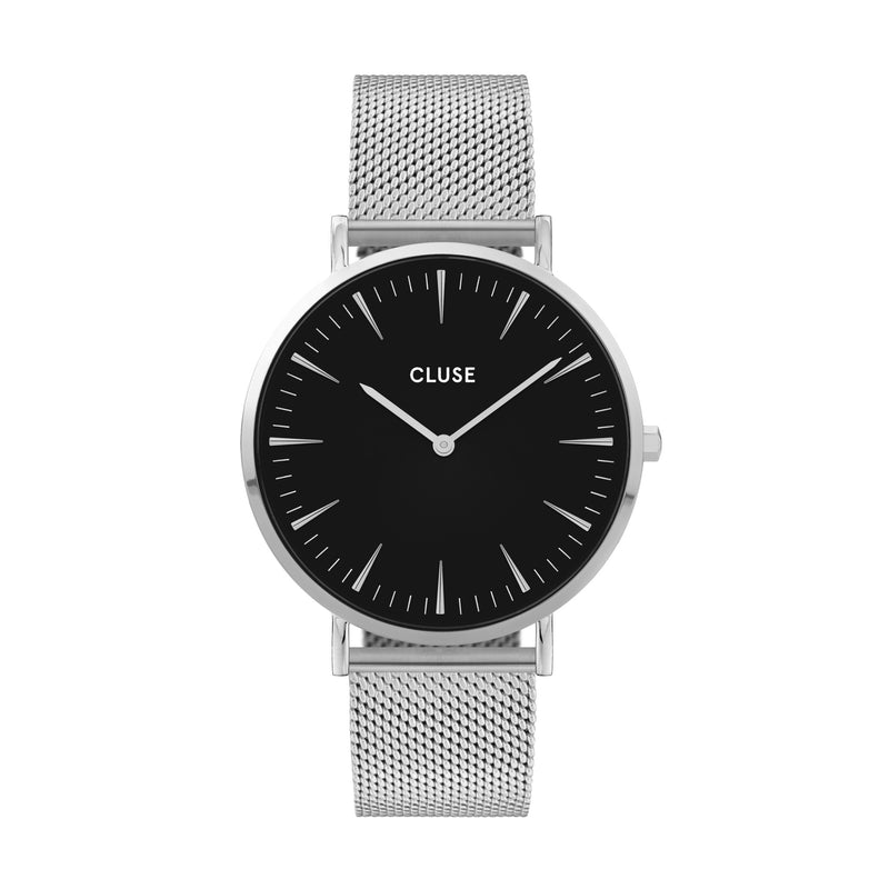 Cluse Boho Chic Womens Watch with Silver Case, Black Dial and Silver Stainless Steel Mesh Band