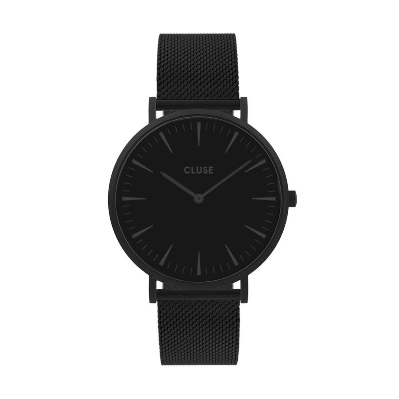 Black Plated Stainless Steel Mesh Band with Black Case and Black Dial