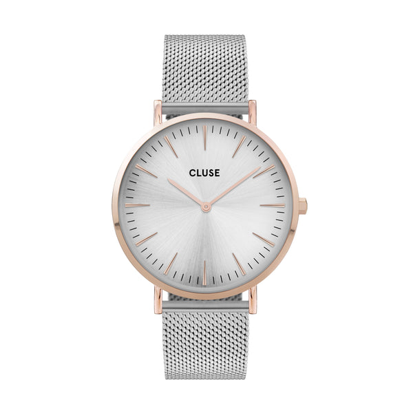 Cluse Boho Chic Womens Watch with Silver Stainless Steel Mesh and Rose Gold Details