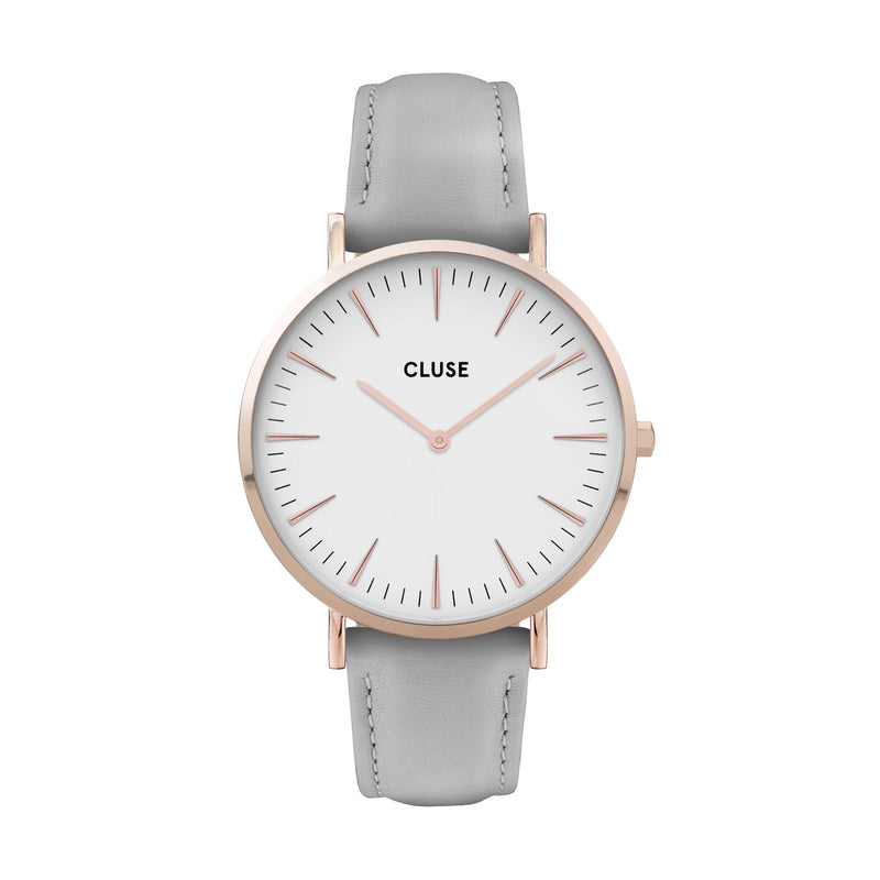 Cluse Boho Chic Womens Watch with Rose Gold Case, White Dial and Grey Leather Strap