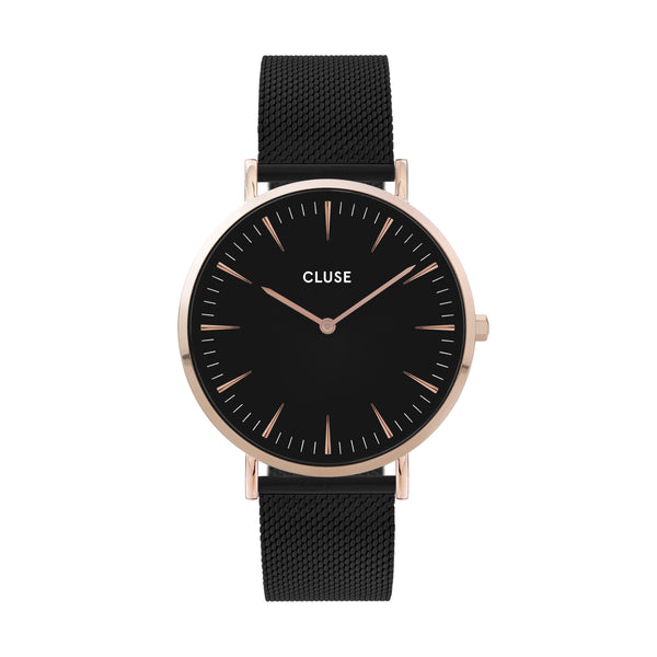 Cluse Boho Chic Womens Watch with Rose Gold Case, Black Dial and Black Plated Stainless Steel Mesh Strap