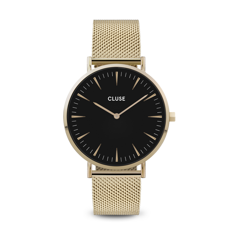 Cluse Boho Chic Womens Watch with Yellow Gold Case, Black Dial and Yellow Gold Plated Stainless Steel Mesh Band