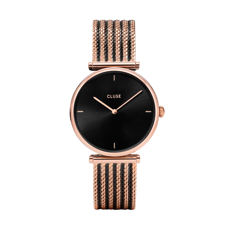 Rose Gold and Black Stainless Steel Mesh Strap with Black Dial