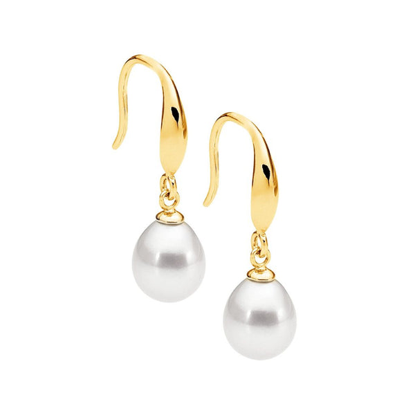 Sterling Silver, 18ct Yellow Gold Plated Fresh Water Pearl Sheppard Hook Drop Earrings 25mm