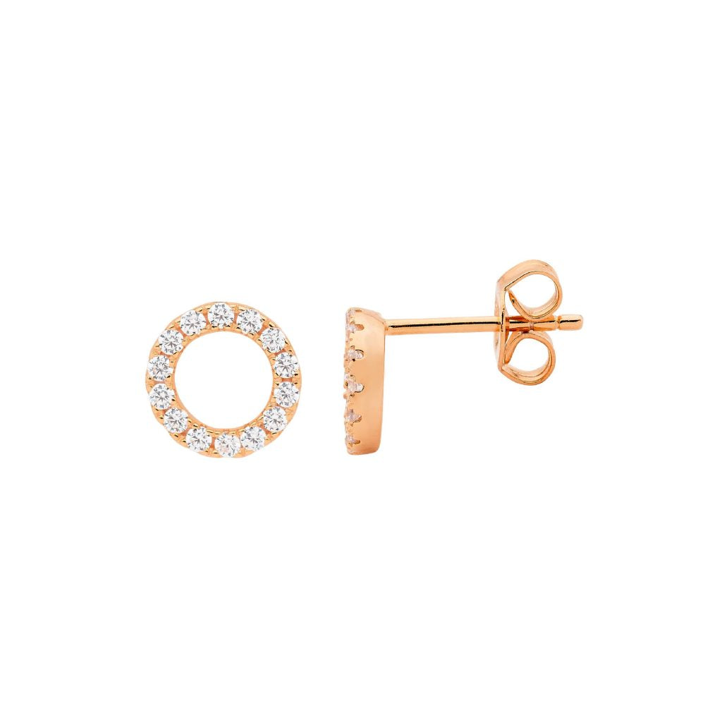 Sterling Silver 18ct Rose Gold Plated Open Circle 8mm Cubic Zirconia Stud Earrings