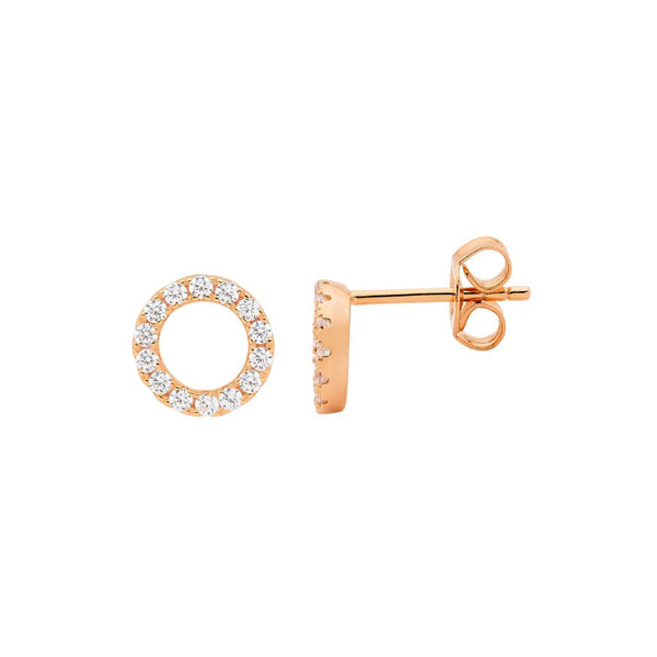 Sterling Silver 18ct Rose Gold Plated Open Circle 8mm Cubic Zirconia Stud Earrings