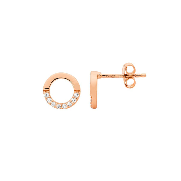 Sterling Silver, 18ct Rose Gold Plate Open Circle Stud Earrings, Half with Cubic Zirconia’s - 8.9mm