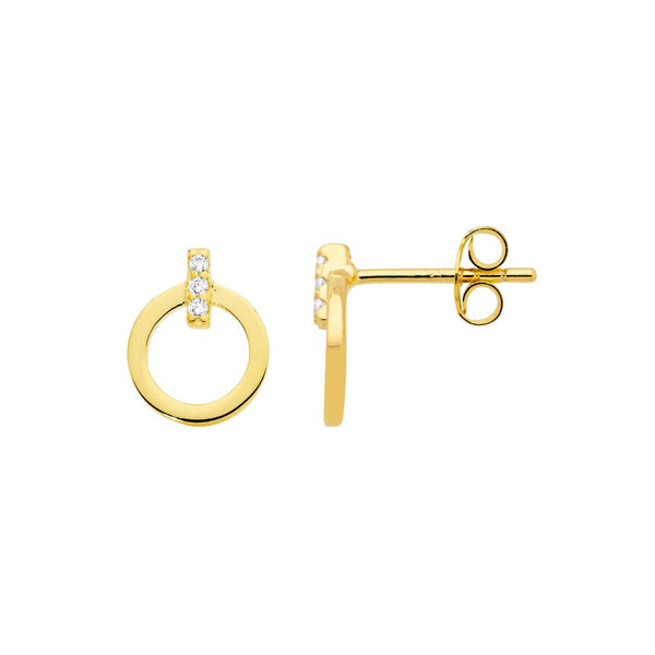Sterling Silver 18ct Yellow Gold, Open Circle Stud Earrings with Cubic Zirconia Bar Studs-11mm