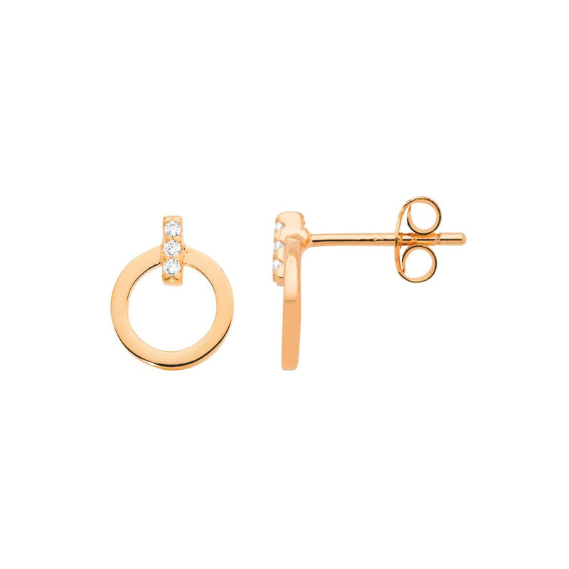 Sterling Silver 18ct Rose Gold, Open Circle Stud Earrings with Cubic Zirconia Bar Studs-11mm