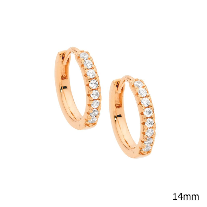 Sterling Silver 18ct Rose Gold Plate Cubic Zirconia Claw set Huggies- 14mm