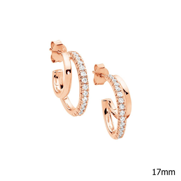 Yellow Gold Double Hoop Earrings with Cubic Zirconias- 3 Colours