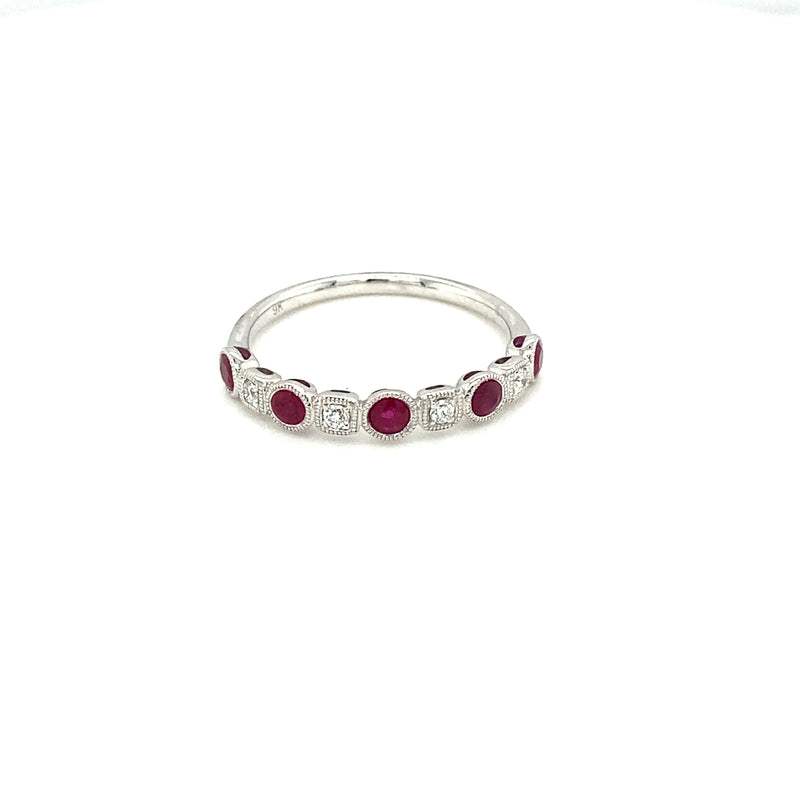 9ct White Gold Alternating Round and Square Ruby Diamond Ring