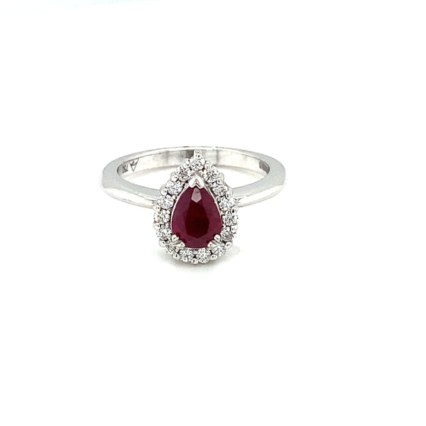 18ct White Gold Pear Shaped Ruby Halo Ring