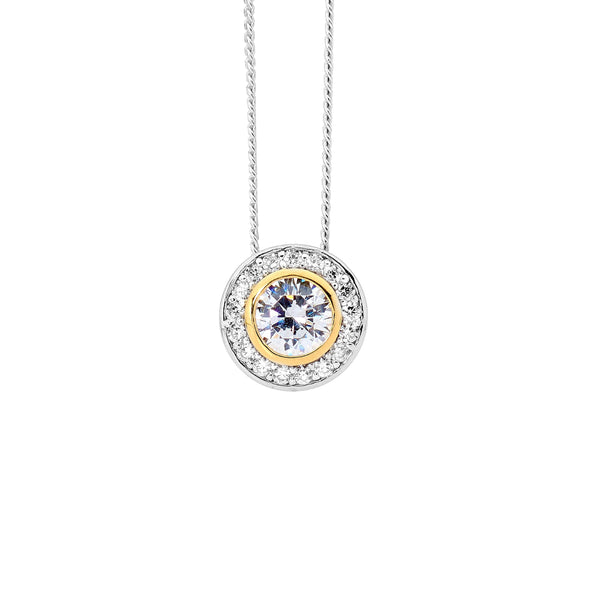 Sterling Silver, 18ct Yellow Gold Plated Round Cubic Zirconia Cluster Necklace, Sterling Silver Adjustable Chain Included