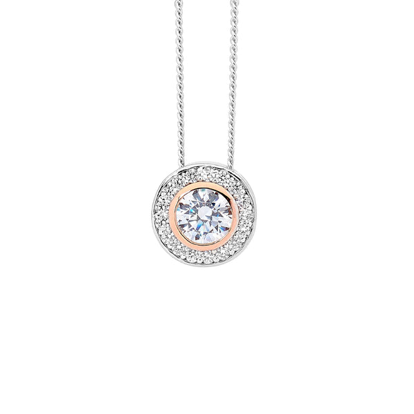 Sterling Silver, 18ct Rose Gold Plated Round Cubic Zirconia Cluster Necklace, Sterling Silver Adjustable Chain Included