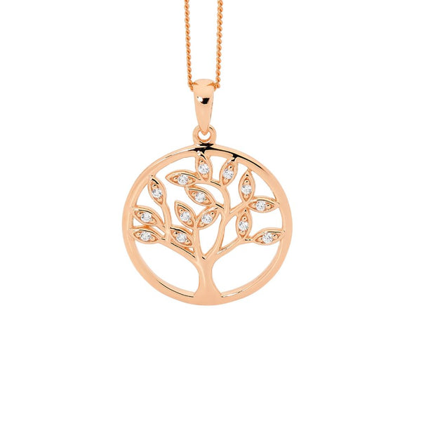 Sterling Silver, 18ct Rose Gold Plated Tree Of life Necklace with Cubic Zirconia’s. Sterling Silver Adjustable Chain Included