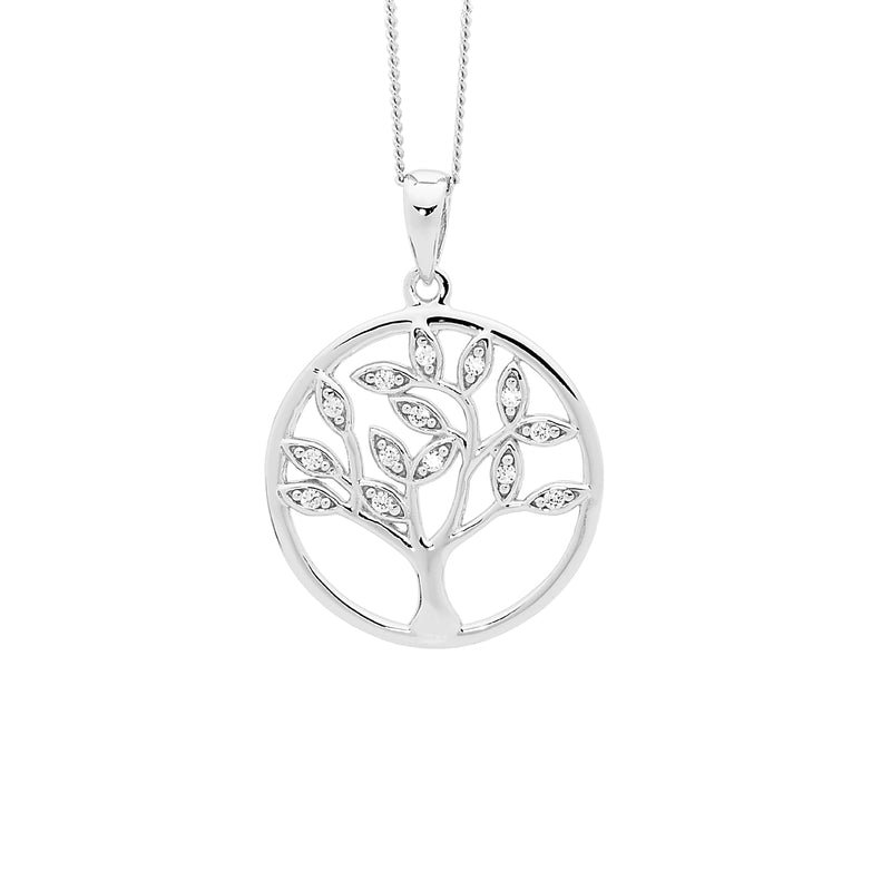 Sterling Silver, Tree Of life Necklace with Cubic Zirconia’s. Sterling Silver Adjustable Chain Included