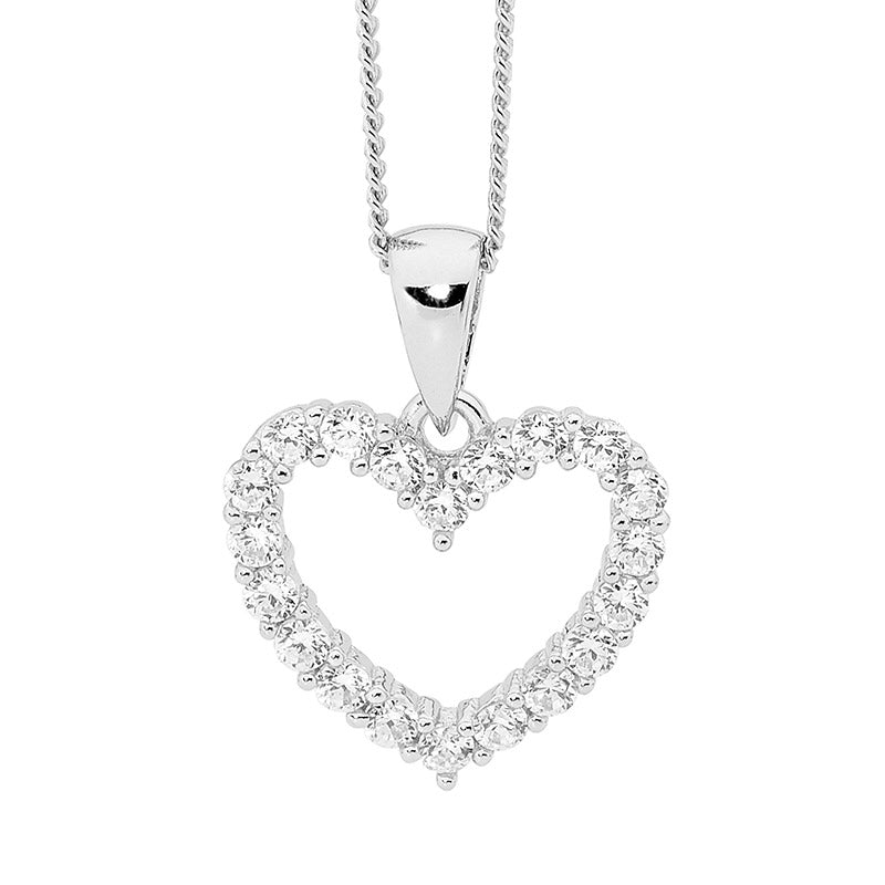 Sterling Silver, Open Heart Cubic Zirconia Necklace. Sterling Silver Adjustable Chain Included